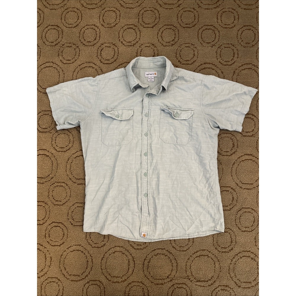 Carhartt Men Sage Green Button Up Shirt Short Sleeve Size L 100% Cotton Pockets